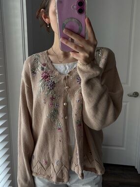 Embroidered Pink Floral V-Neck Cardigan Sweater